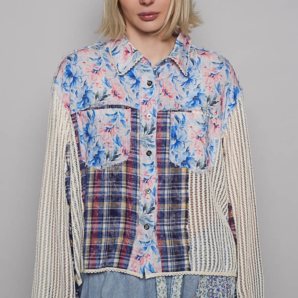 POL Patchwork Floral Plaid Lace Crochet Button Down Boho Top SZ S-M-L